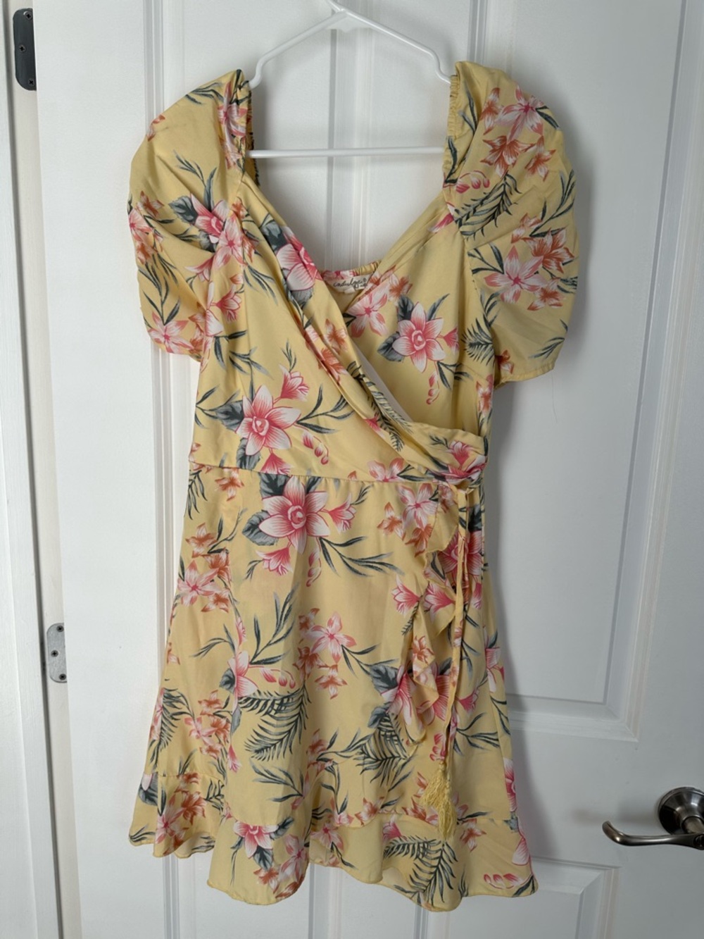 Yellow Floral Wrap Mini Dress with Puff Sleeves